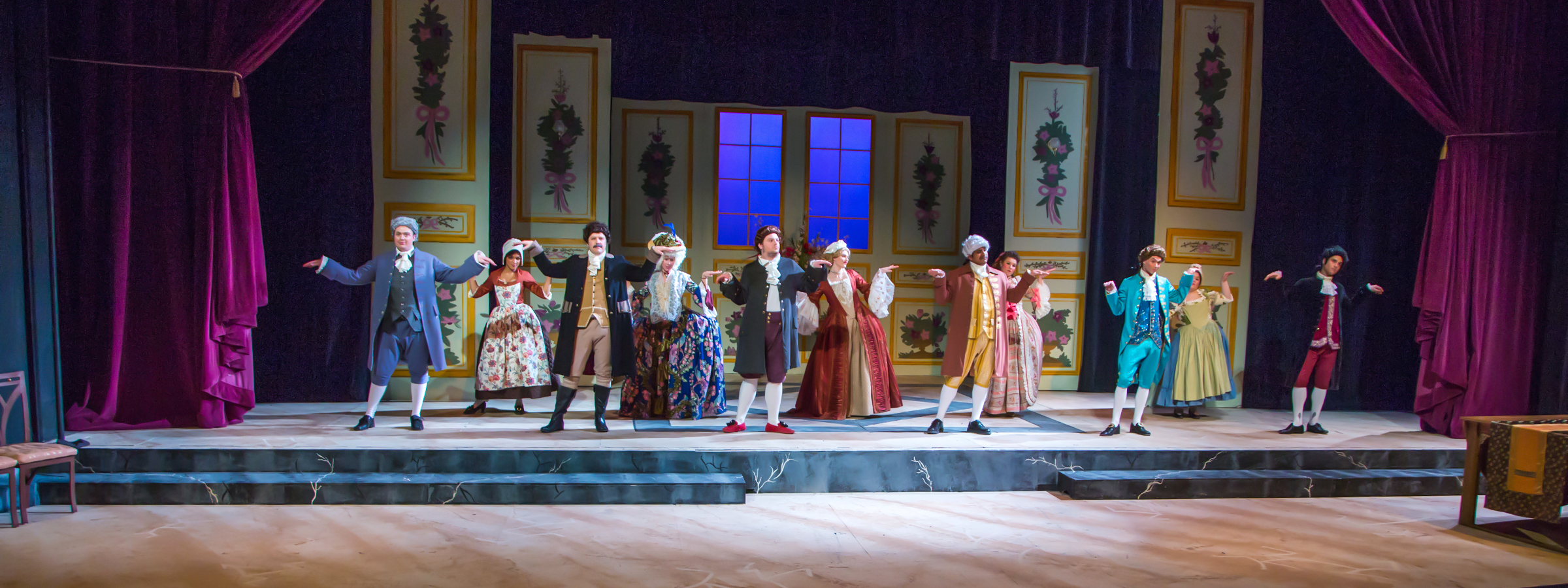 Cast members from Theatre UAF's spring 2014 production of Tartuffe display their costumes. UAF Photo by Todd Paris