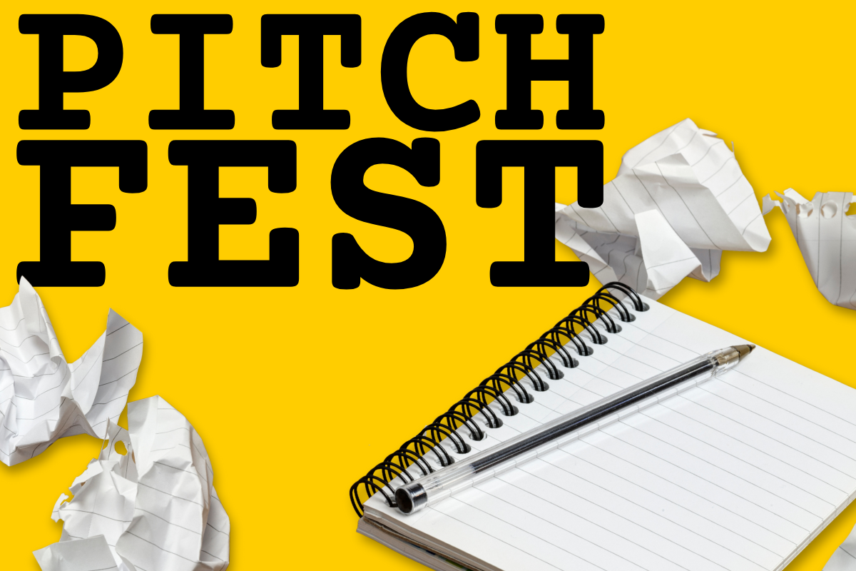 Blank notebook and pen surrounded bu crumpled paper on a yellow background. Black text reads "Pitch Fest"