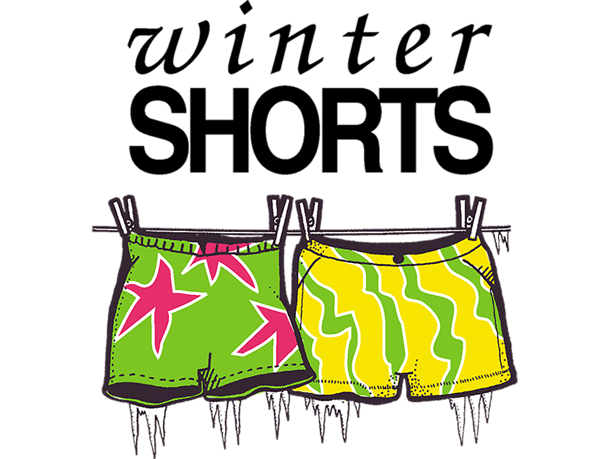 Two pairs of colorful, icy shorts hang from a clothesline. SDA's Winter Shorts logo