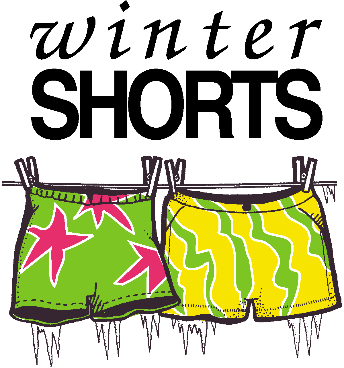 Two pairs of frozen shorts on a clothesline. SDA Winter Shorts logo