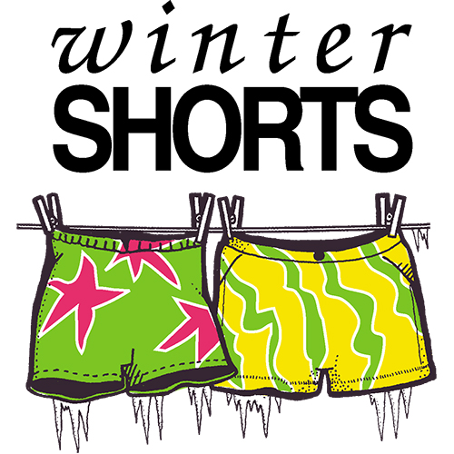 Two pairs of colorful, icy shorts handing on a clothesline. SDA's Winter Shorts logo