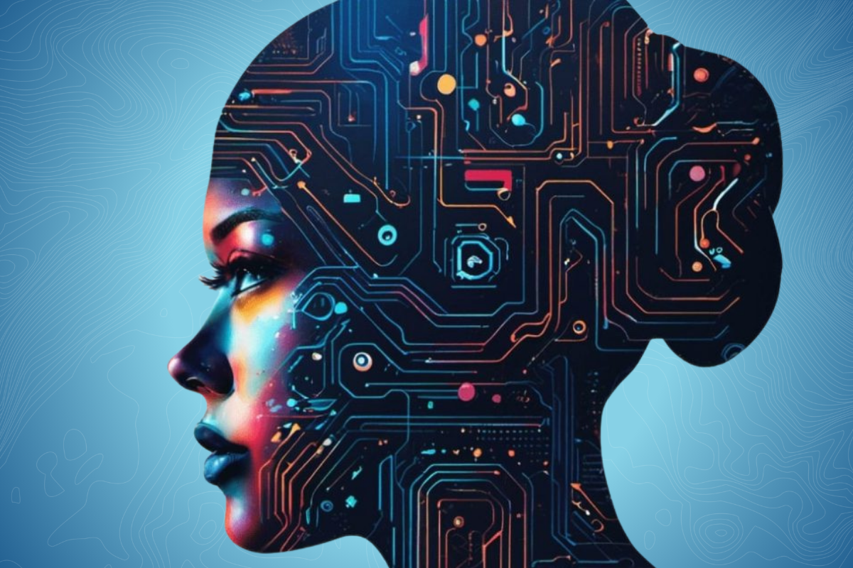 Silhouette of a woman's head with tech graphics. Photo courtesy of Canva