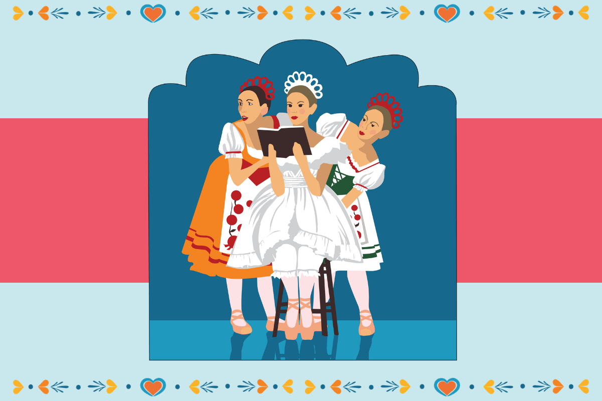 Pastel-hued graphic of three ballerinas looking out of the frame. The ballerina in the center is sitting on a stool holding a book open