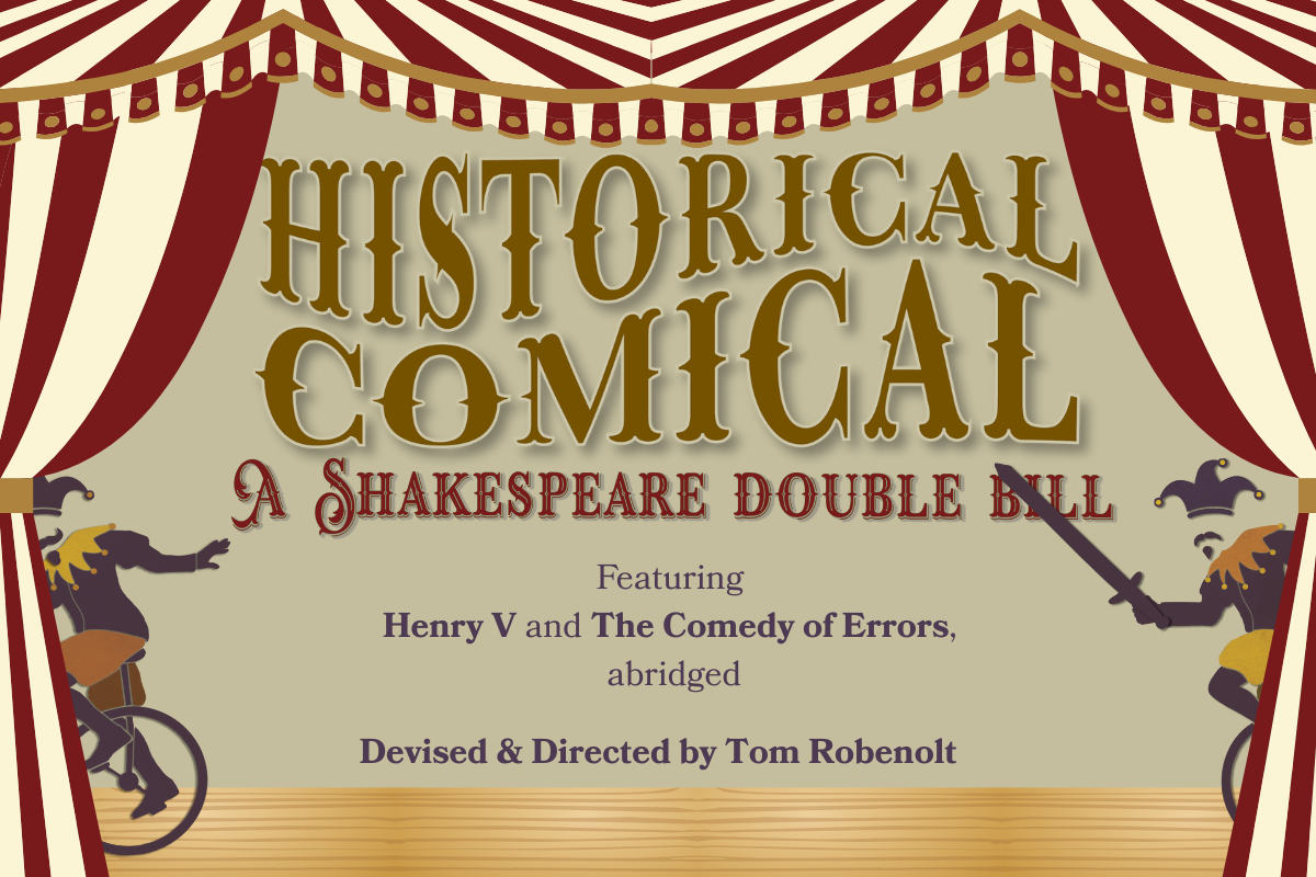 Two jesters on unicycles chase each other across a carnival stage. Graphic by Kat Reichert