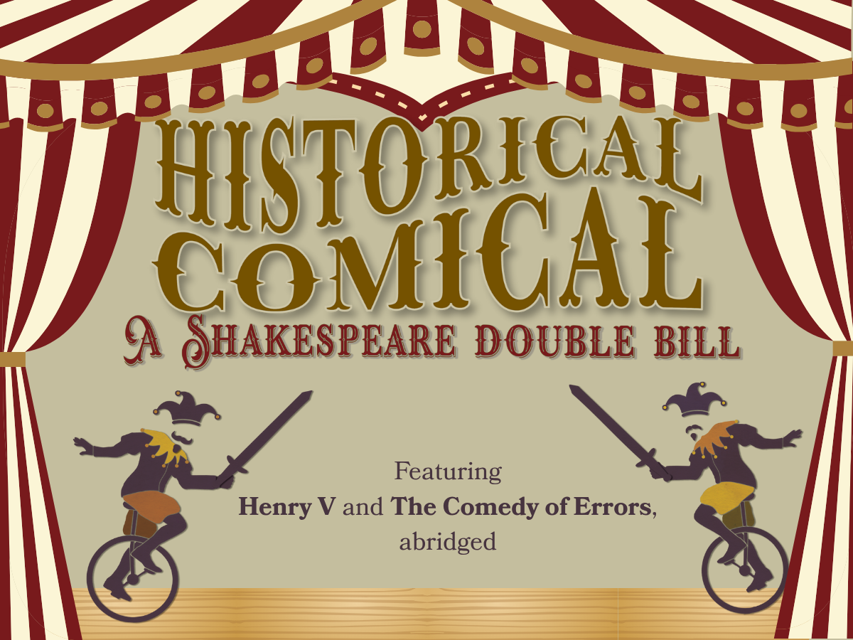 Two jesters on unicycles joust on a carnival stage. Graphic by Kat Reichert