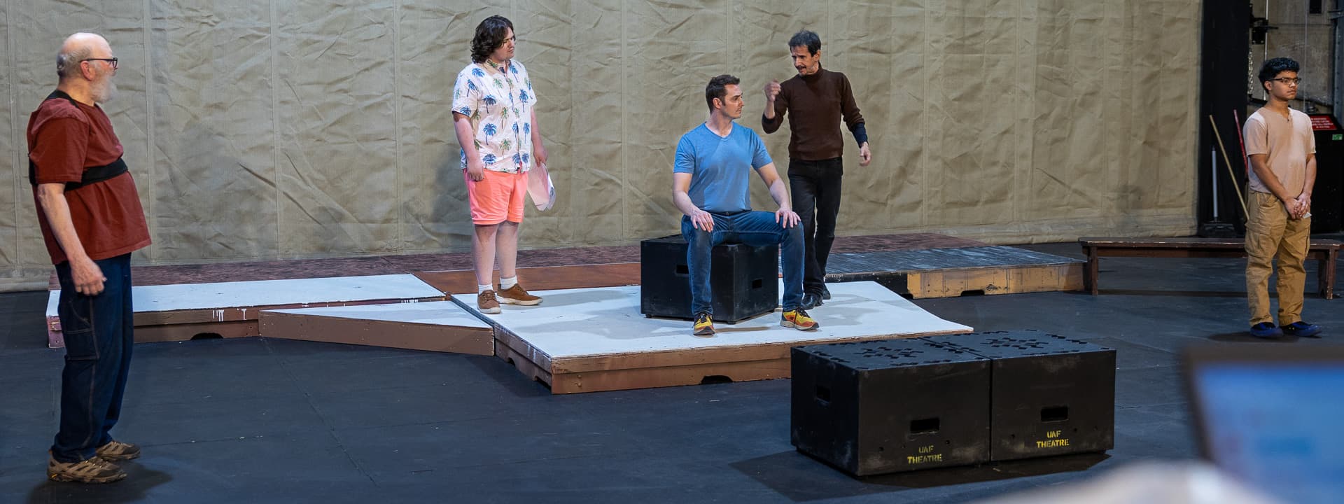 Historical Comical- BTS Rehearsal Photo 2 (Left-Right) Bruce Hanson, Logan Weatherall, Levi Ben-Israel, Nicholas Glovin, and Timothy Hall. Photo by Kade Mendelowitz