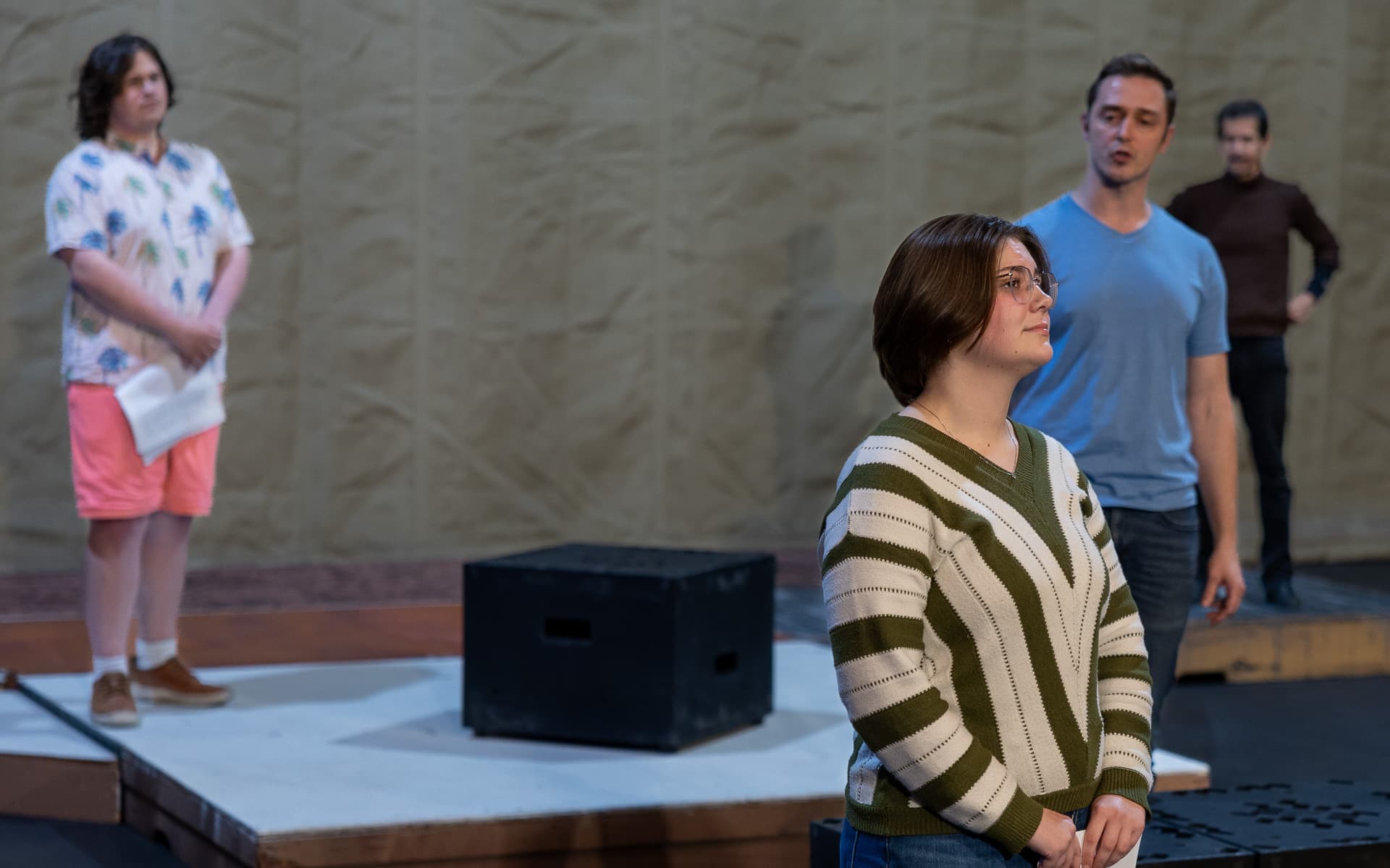 Historical Comical- BTS Rehearsal Photo (Left-Right) Logan Weatherall, Kaylee Cole, Levi Ben-Israel and Nicholas Glovin. Photo by Kade Mendelowitz
