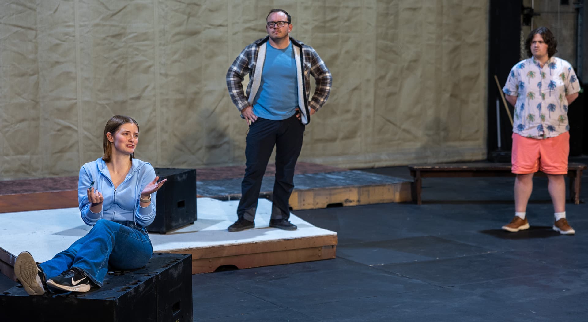 Historical Comical- BTS Rehearsal Photo 4 (Left-Right) Emily Cooley, Matthew Herrera, and Logan Weatherall