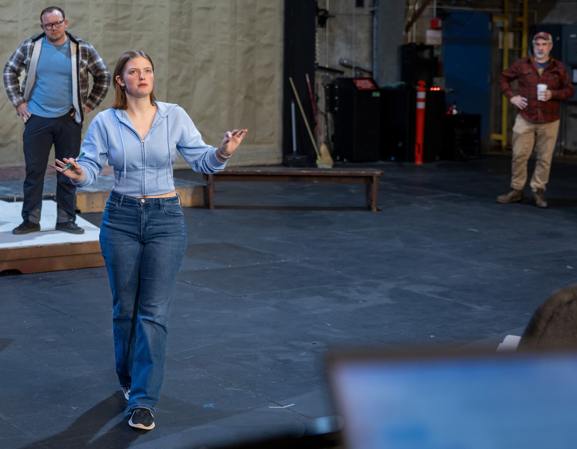 Historical Comical- BTS Rehearsal Photo 5 Matthew Herrera, Emily Cooley and director Tom Robenolt. UAF Photo by Kade Mendelowitz