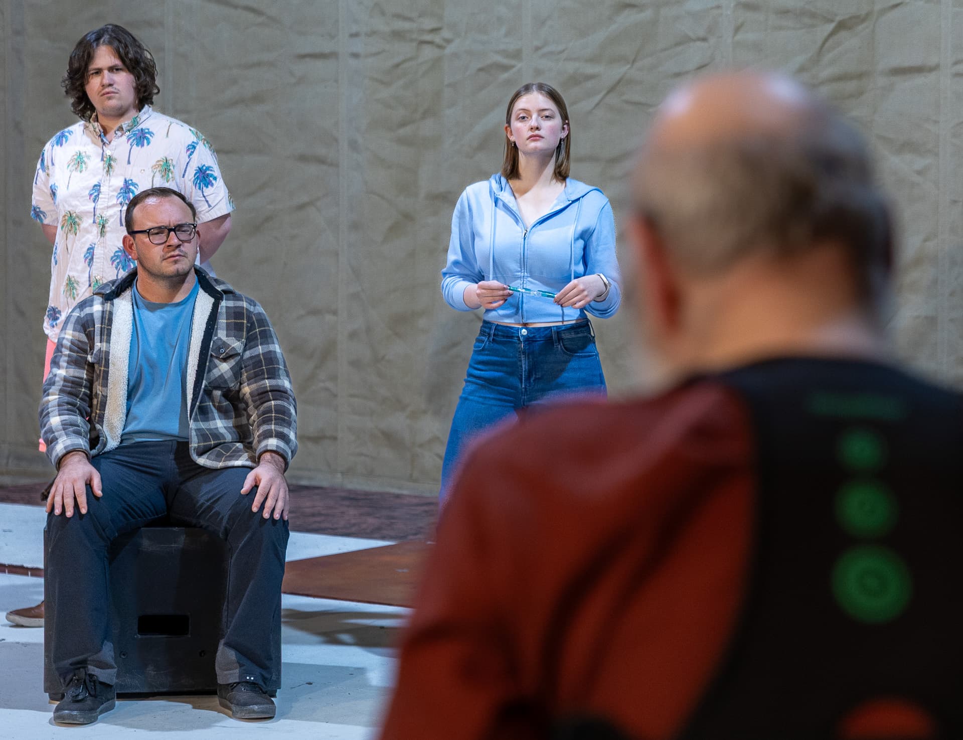 Historical Comical- BTS Rehearsal Photo 6 Logan Weatherall, Matthew Herrera, Emily Cooley and Bruce Hanson. UAF Photo by Kade Mendelowitz