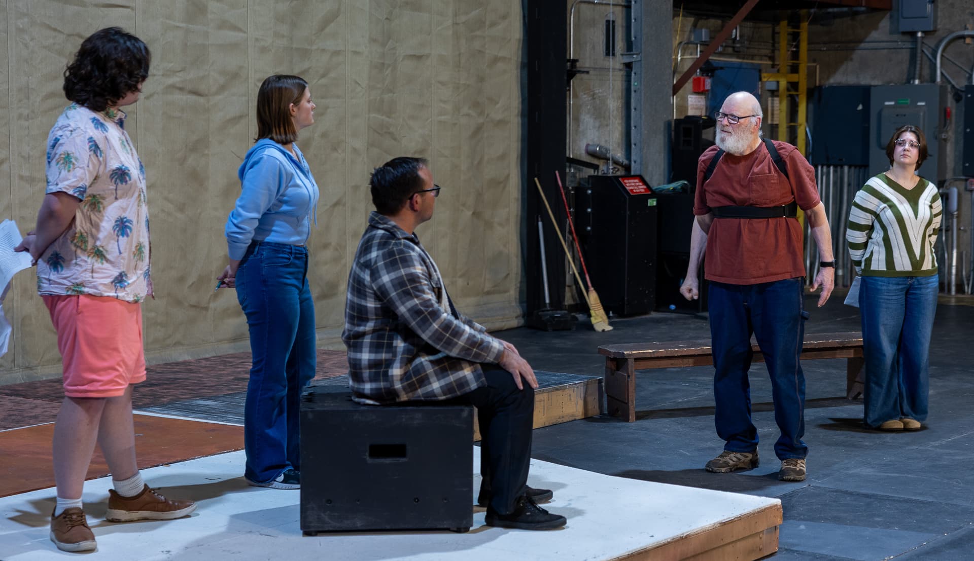 Historical Comical- BTS Rehearsal Photo 7 Logan Weatherall, Emily Cooley, Matthew Herrera, Bruce Hanson and Kaylee Cole. UAF Photo by Kade Mendelowitz