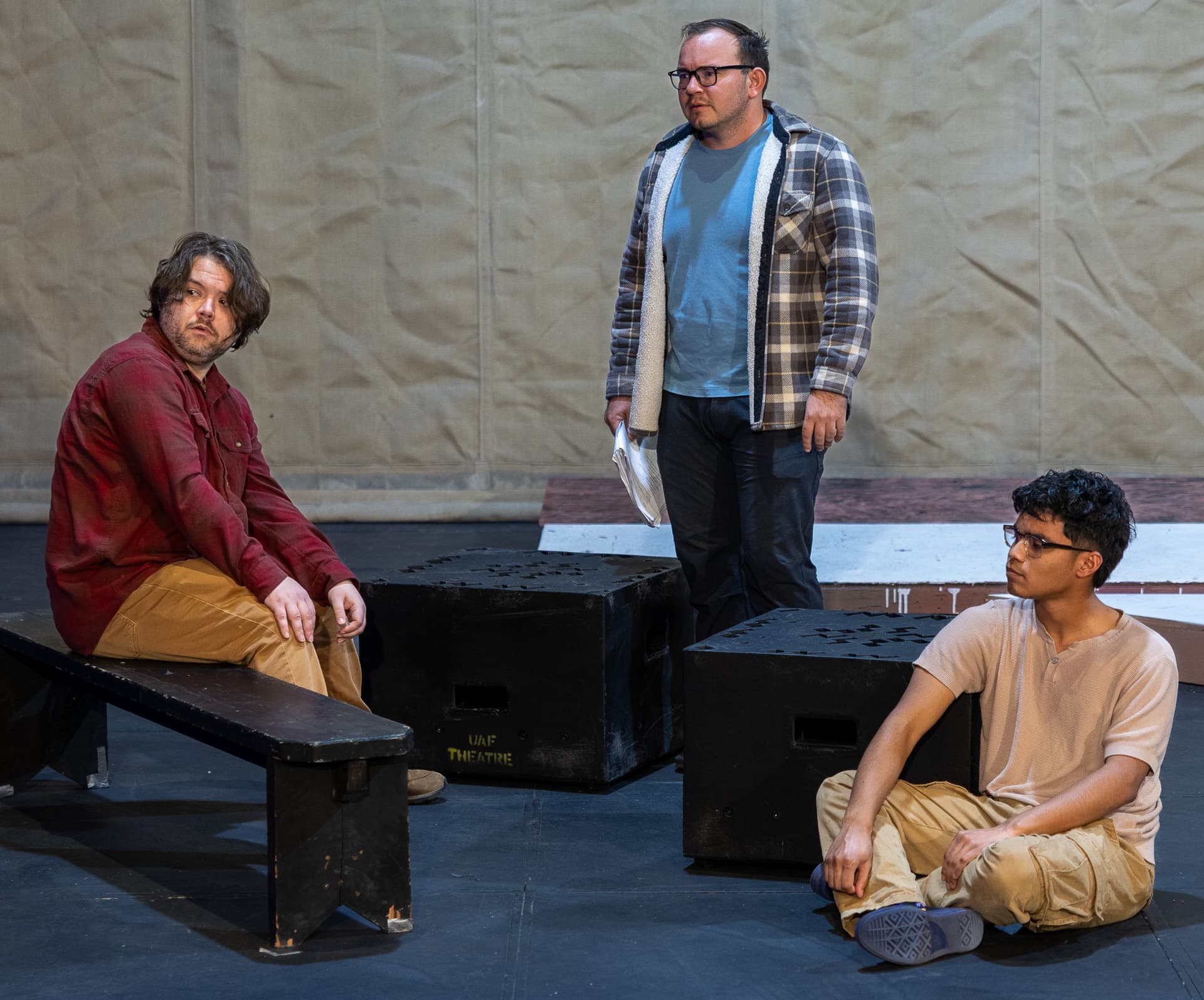 Historical Comical- BTS Rehearsal Photo 8 John DiCandeloro, Matthew Herrera, Timothy Hall. UAF Photo by Kade Mendelowitz.