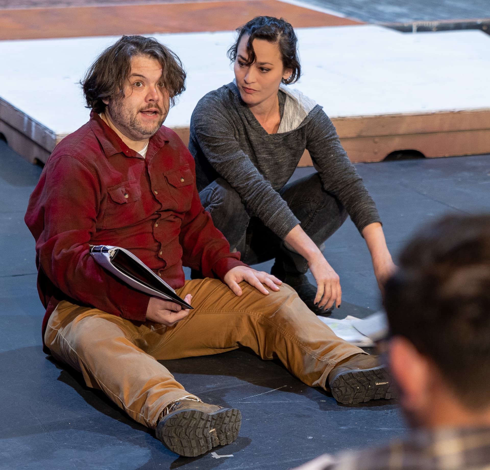 Historical Comical- BTS Rehearsal Photo 10 John DiCandeloro and Emily Yates. UAF Photo by Kade Mendelowitz