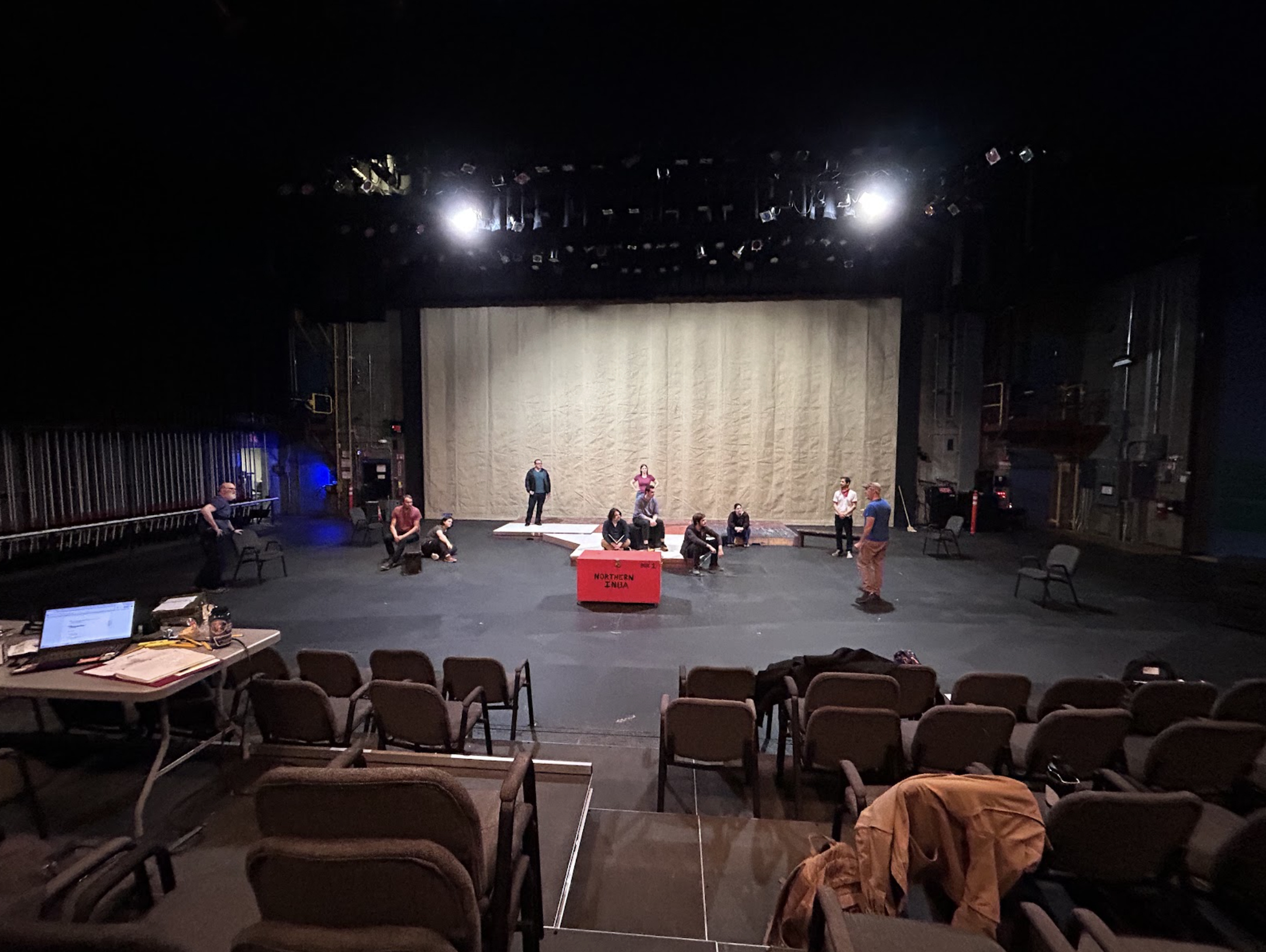 Photo by Kade Mendelowtiz, Theatre UAF Places! First time blocking the opening scene of Henry V with actors Bruce Hanson, Don Crow, Logan Weatherall, Matt Herrera, John DiCandeloro, Emily Cooley, Levi Ben-Israel, Logan Ehrhart, Kaylee Cole, and Nicholas Glovin listening to director Tom Robenolt.