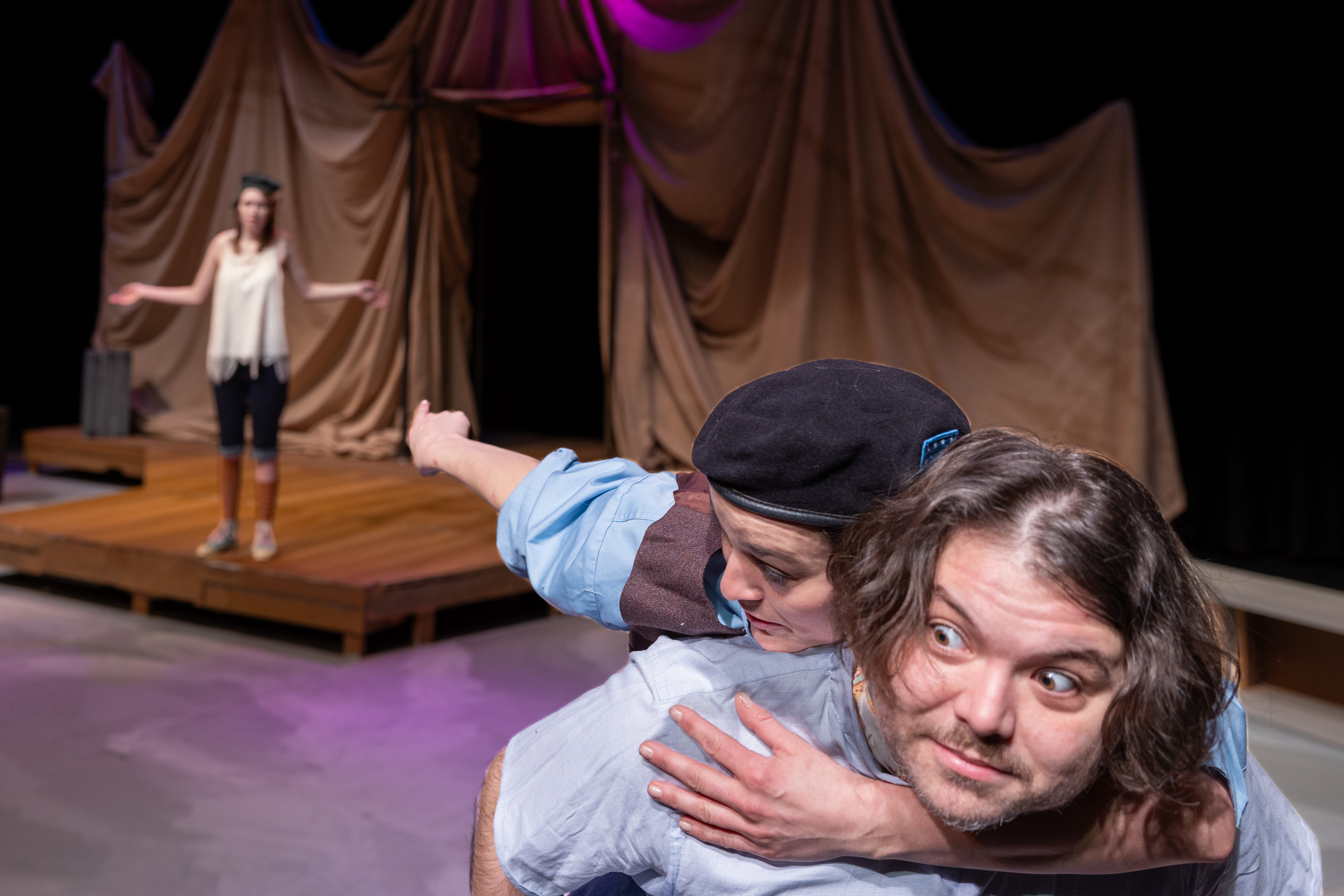“Avaunt thou witch” (Left-right): Daisy Massey, Emily Yates, John DiCandeloro. From “Comedy of Errors,” part of Theatre UAF’s production of “Historical Comical: A Shakespeare Double Bill” Photo by Kade Mendelowitz