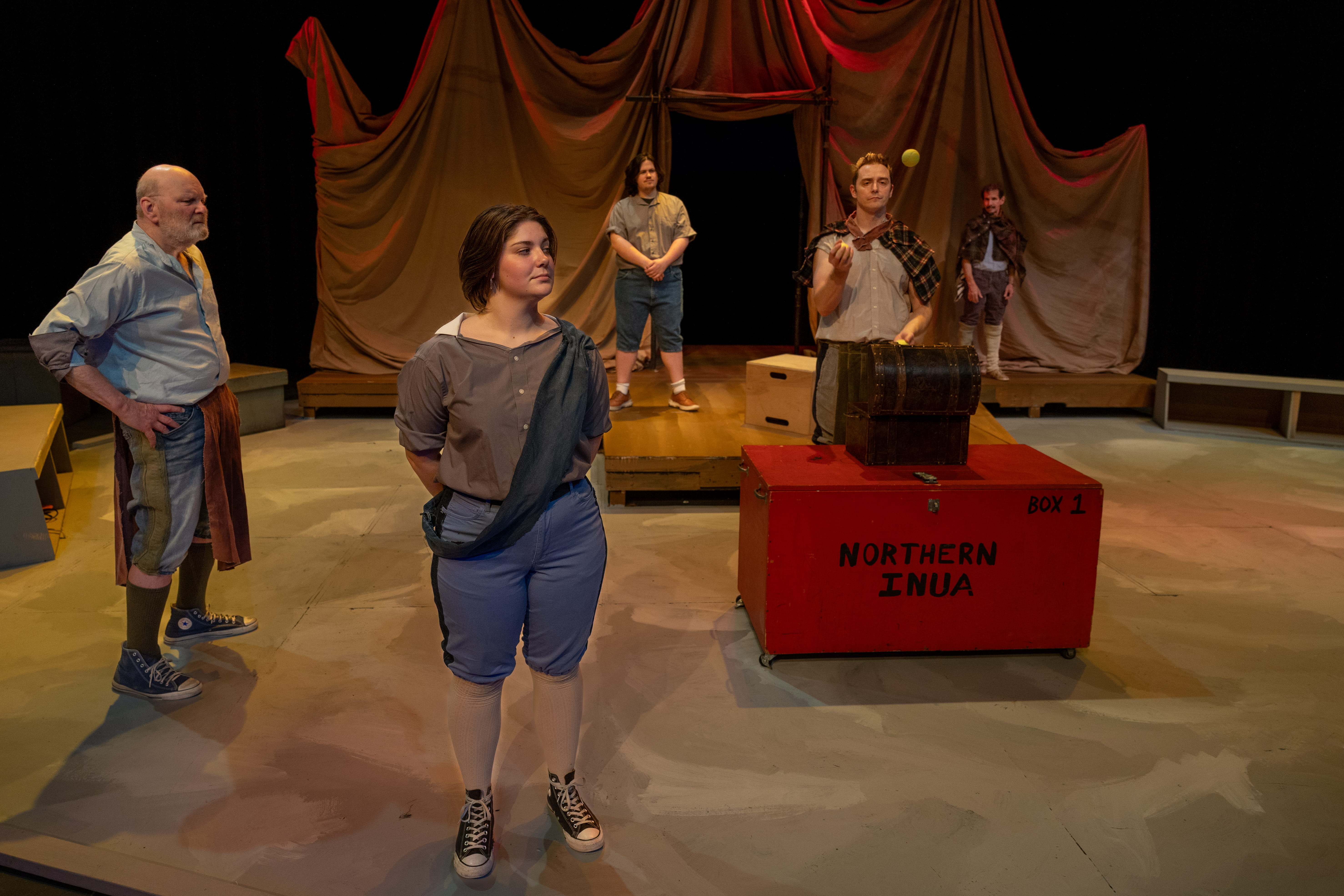 “Henry juggles with the French” (Left-right): Bruce Hanson, Kaylee Cole, Logan Weatherall, Levi Ben-Israel and Nicholas Glovin. From “Henry V”, part of Theatre UAF’s production of “Historical Comical: A Shakespeare Double Bill” directed by Tom Robenolt running November 7-16, 2025. https://www.uaf.edu/theatrefilm/ Photo by Kade Mendelowitz, Theatre UAF