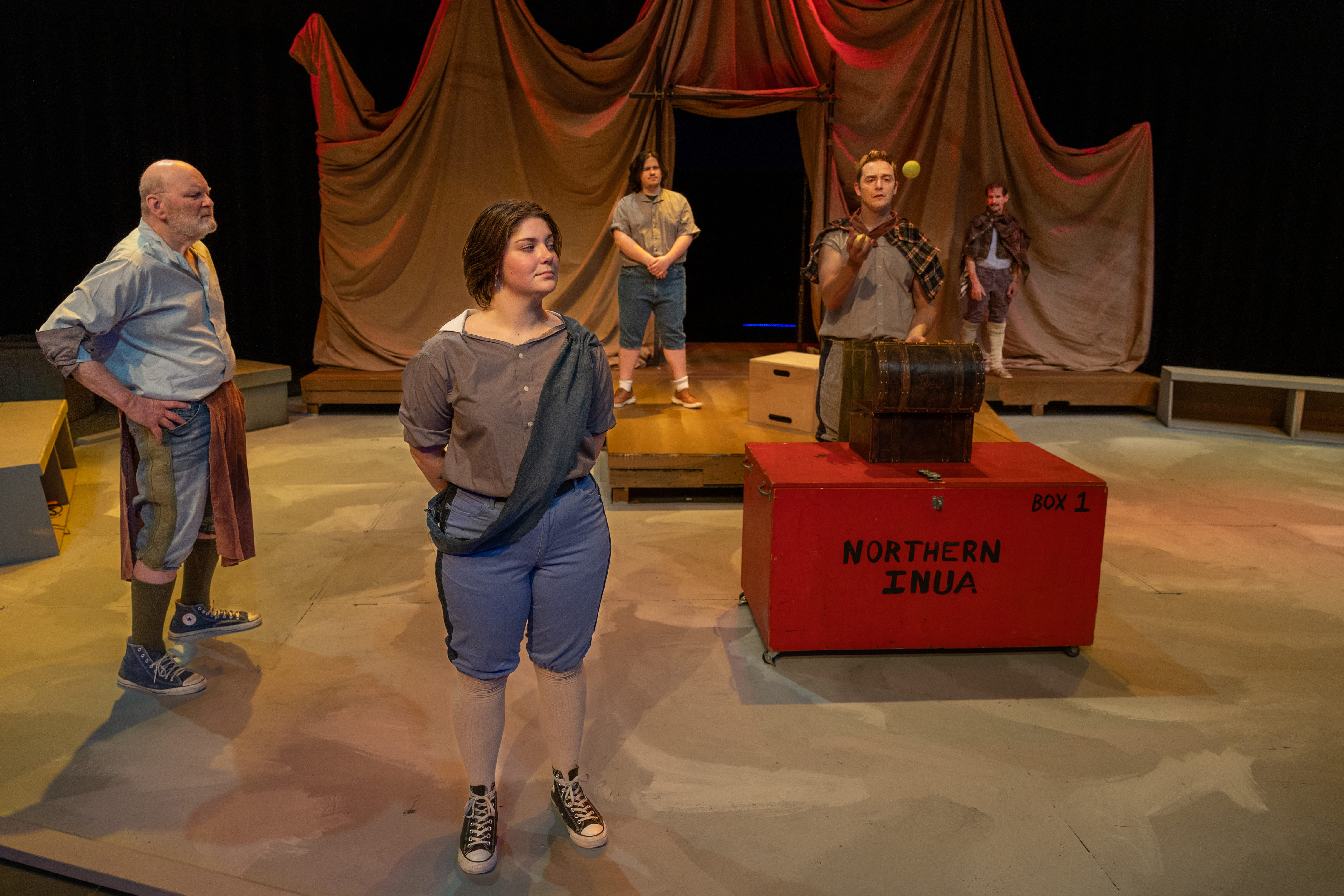 “Henry juggles with the French” (Left-right): Bruce Hanson, Kaylee Cole, Logan Weatherall, Levi Ben-Israel and Nicholas Glovin. From “Henry V”, part of Theatre UAF’s production of “Historical Comical: A Shakespeare Double Bill” directed by Tom Robenolt running November 7-16, 2025. https://www.uaf.edu/theatrefilm/ Photo by Kade Mendelowitz, Theatre UAF