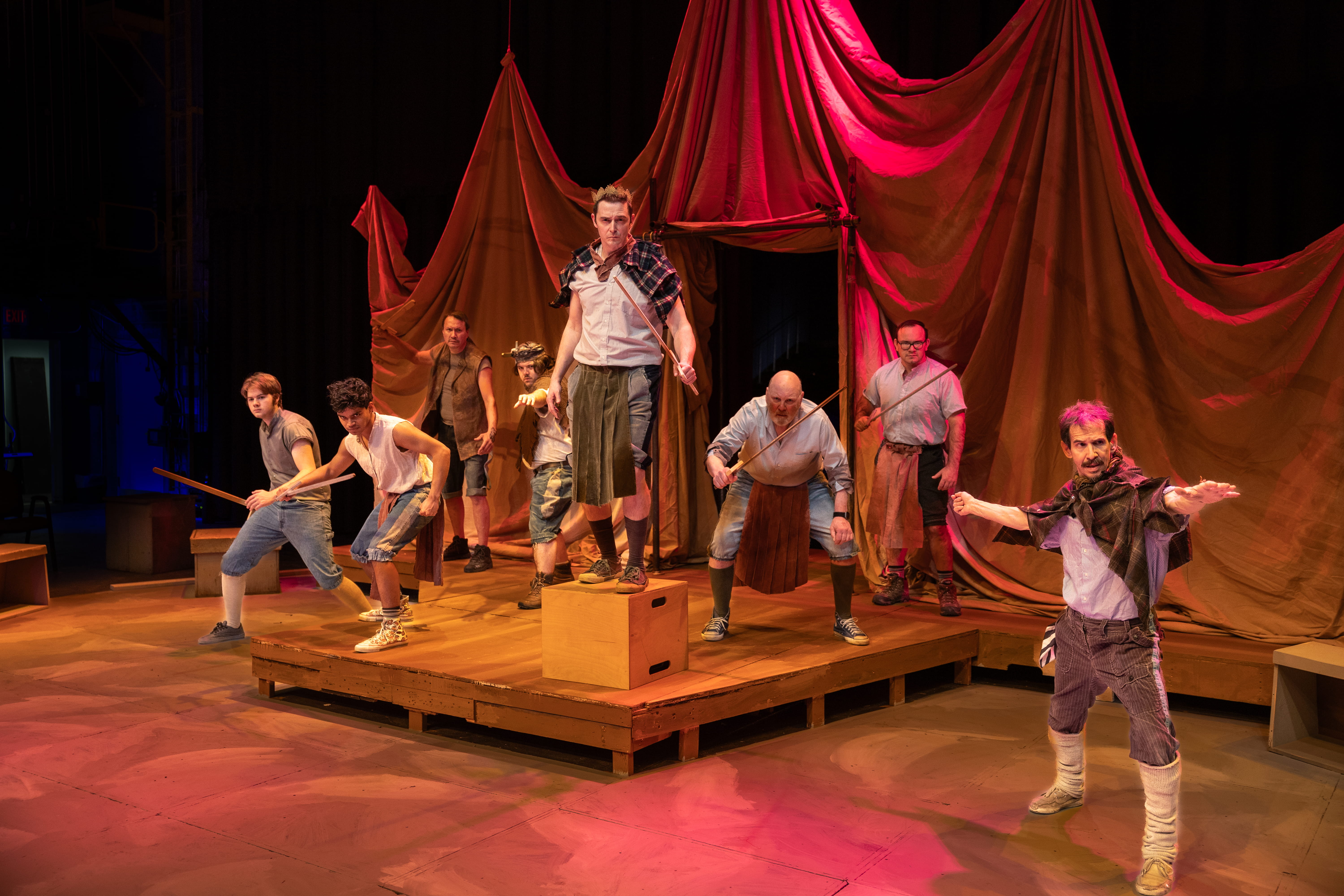“Charge into Harfleur” (Left-right for #14, 29, 47): Logan Ehrhart, Tim Hall, Tim Hall, Don Crowe, John DiCandeloro, Levi Ben-Israel, Bruce Hanson, Matthew Herrera, and Nicholas Glovin. From “Henry V”, part of Theatre UAF’s production of “Historical Comical: A Shakespeare Double Bill” directed by Tom Robenolt running November 7-16, 2025. https://www.uaf.edu/theatrefilm/ Photo by Kade Mendelowitz, Theatre UAF