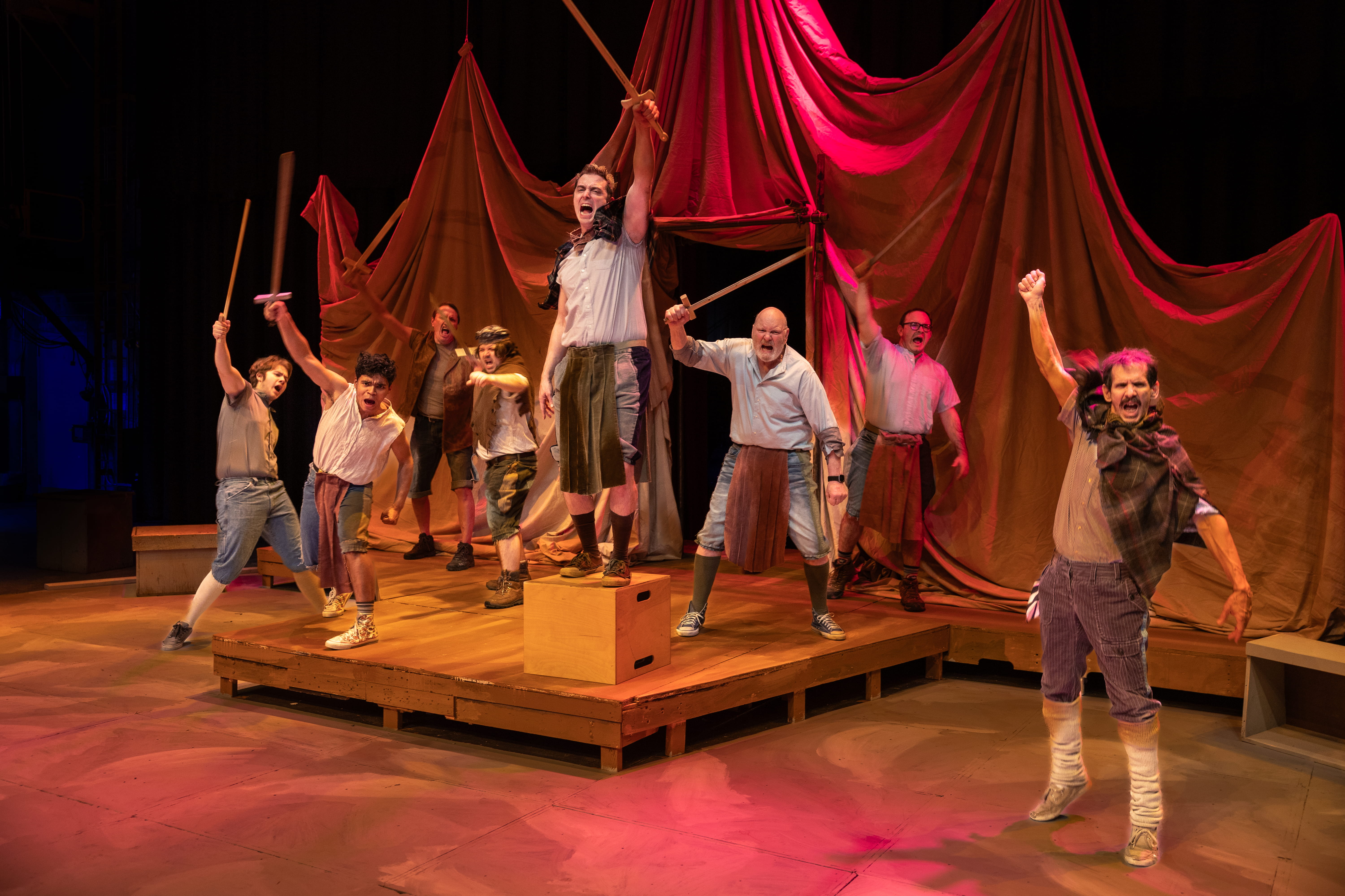 “Charge into Harfleur” (Left-right for #14, 29, 47): Logan Ehrhart, Tim Hall, Tim Hall, Don Crowe, John DiCandeloro, Levi Ben-Israel, Bruce Hanson, Matthew Herrera, and Nicholas Glovin. From “Henry V”, part of Theatre UAF’s production of “Historical Comical: A Shakespeare Double Bill” directed by Tom Robenolt running November 7-16, 2025. https://www.uaf.edu/theatrefilm/ Photo by Kade Mendelowitz, Theatre UAF