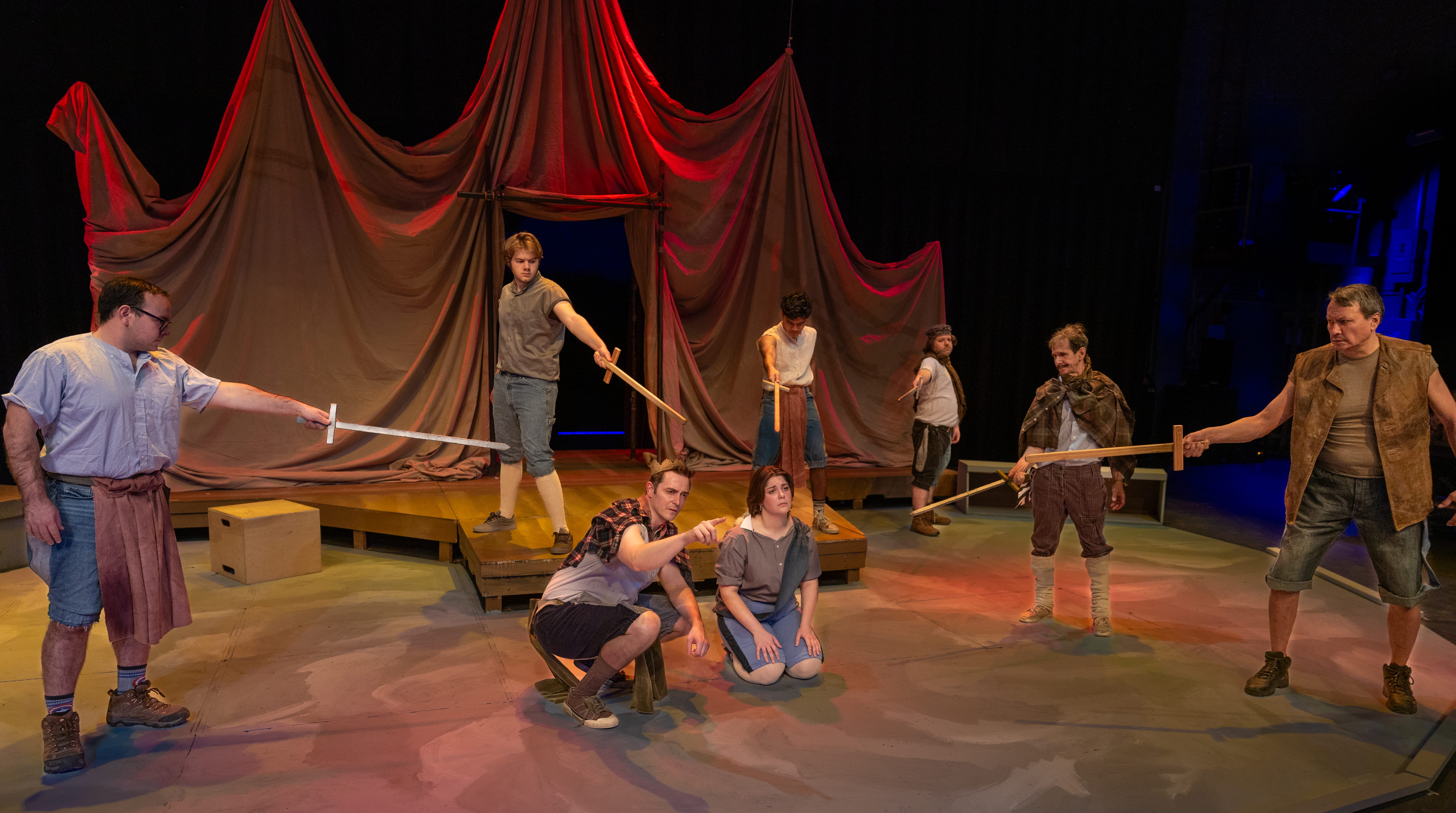 “I was not angry since I came to France” (Clockwise from left): Matthew Herrera, Logan Ehrhart, Tim Hall, Don Crowe, John DiCandeloro, Matthew Herrera, Nicholas Glovin, Kaylee Cole and Levi Ben-Israel. From “Henry V”, part of Theatre UAF’s production of “Historical Comical: A Shakespeare Double Bill” directed by Tom Robenolt running November 7-16, 2025. https://www.uaf.edu/theatrefilm/ Photo by Kade Mendelowitz, Theatre UAF