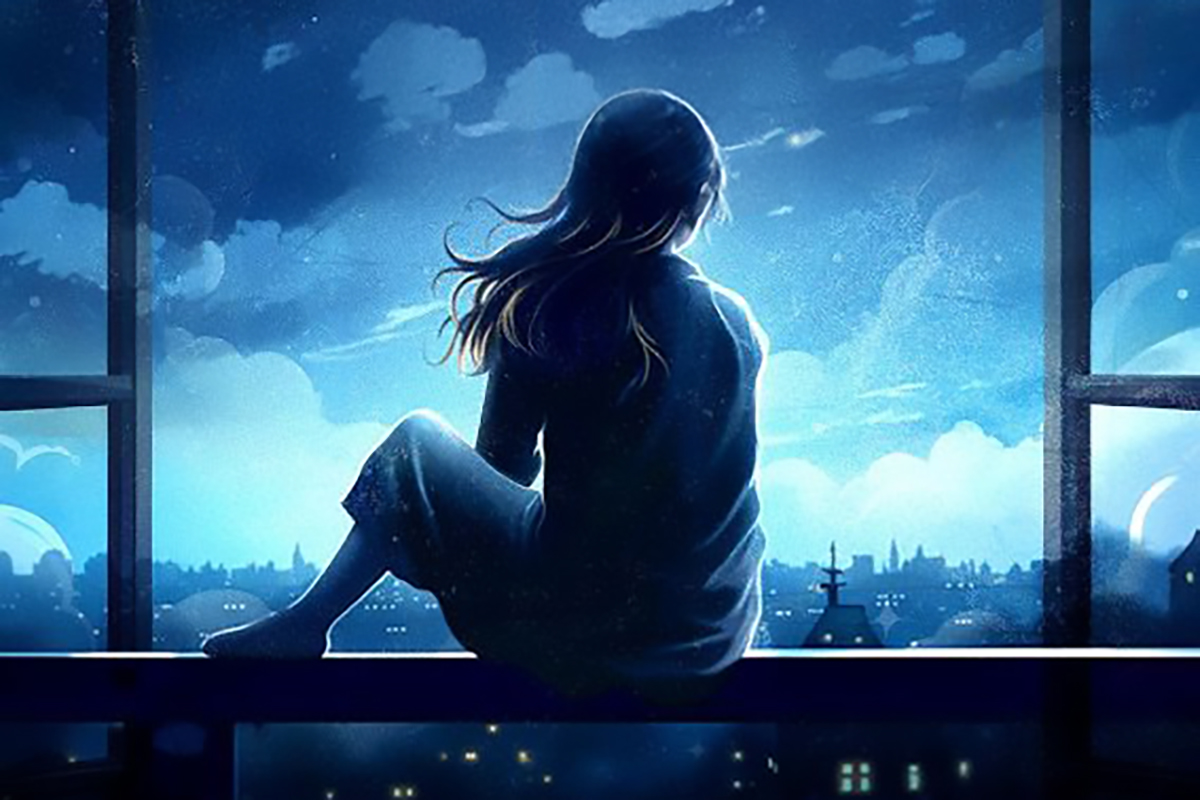 Lost Girl Blue illustration of a girl sitting on the balcony outside an open window overlooking the London cityscape at night