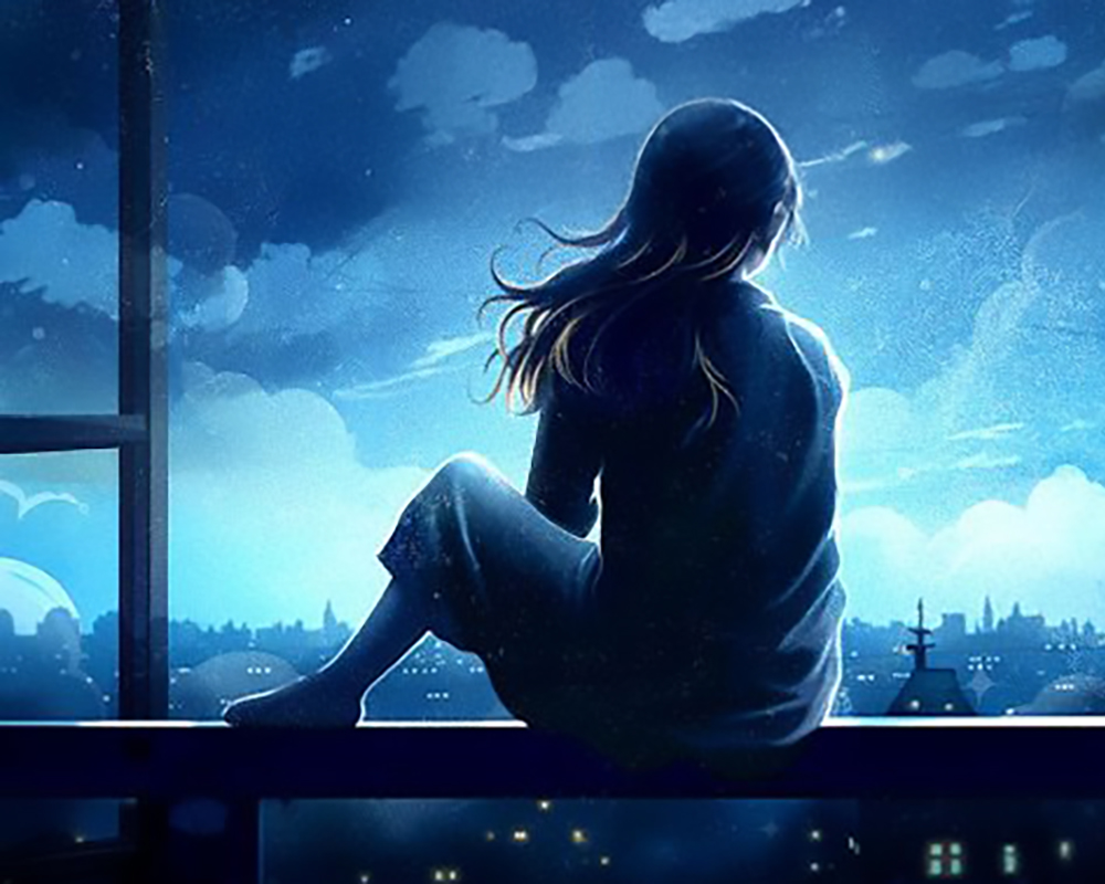 Illustrated image of a girl sitting on the edge of a balcony at night, overlooking London.