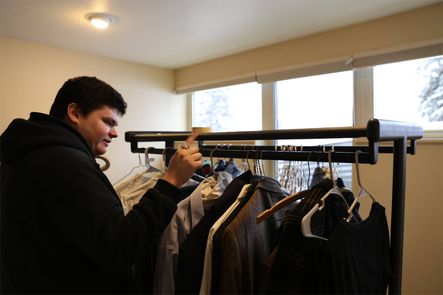 Strange Embrace BTS Wardrobe rack on the set of Strange Embrace. UAF Photo by Maya Salganek