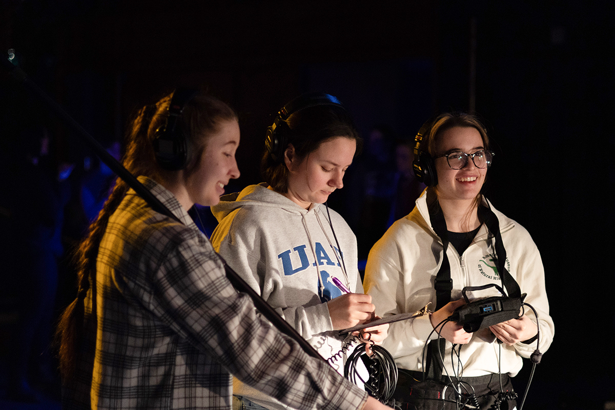 TAOS, Day 1, image 194 (left to right) Danielle Beks, Deyanira Van Acker, and Madison Grapengeter during the filming of The Anatomy of Sound. Photo credit: Eric Marshall