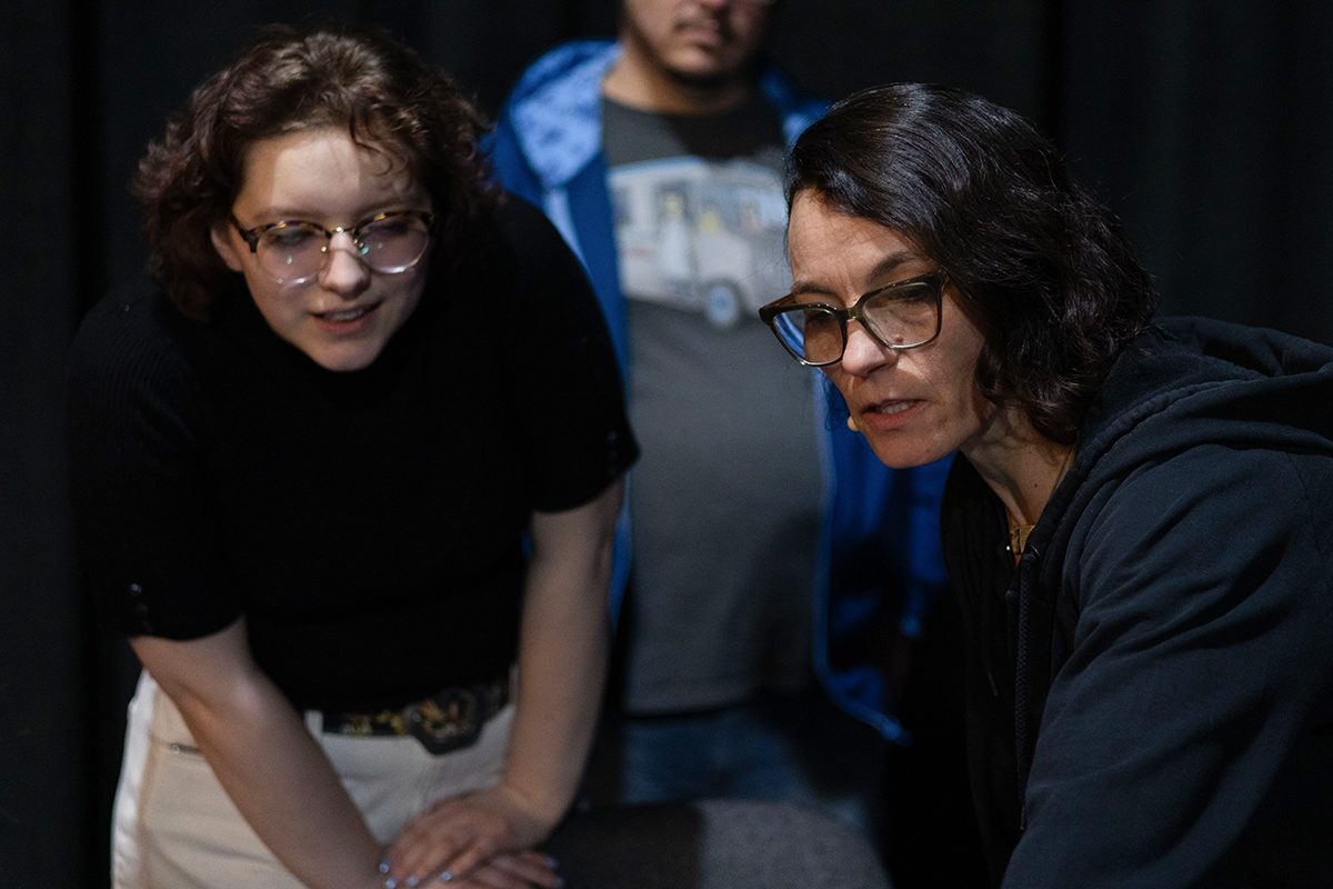 TAOS, Day 1, image 213 Maya Salganek and Taylor Kamrath discuss aspects of filming for The Anatomy of Sound. Photo credit: Eric Marshall