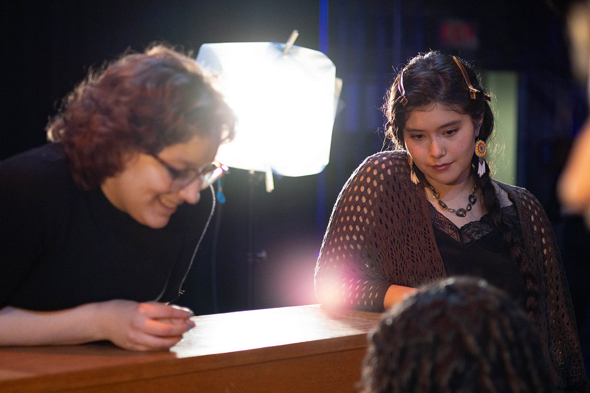 TAOS, Day 1, image 24 Taylor Kamrath provides direction to Julieth Harvey and Na’ni’eezh Peter (standing) during the filming of The Anatomy of Sound. Photo credit: Eric Marshall