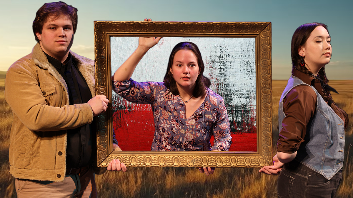 Cast members Graham Granger and Arianna Hammond holding a frame with Deyanira Van Acker peering out. Photos by Eric Marshall, graphic by Seamus Knight