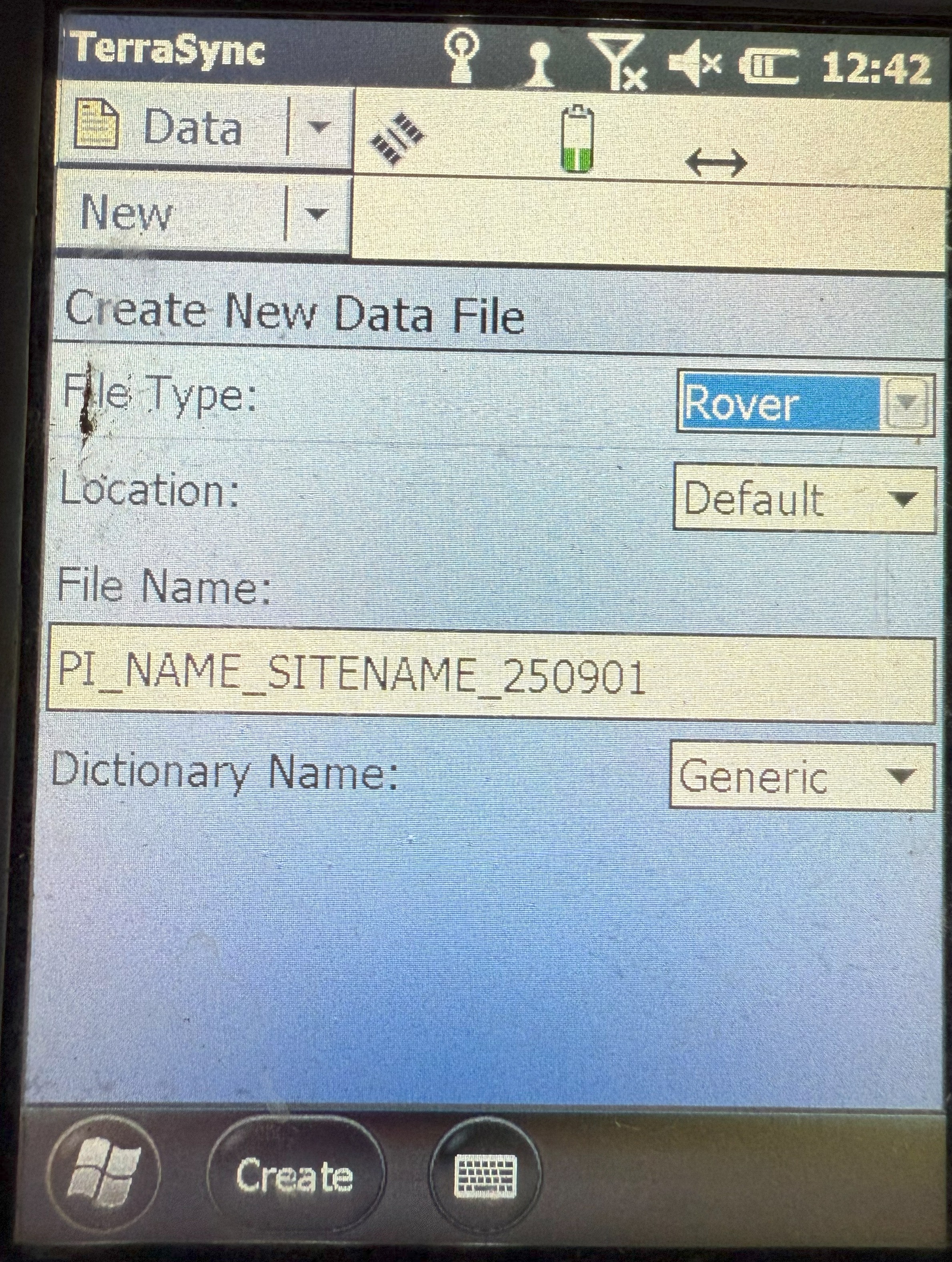 data file creation screen