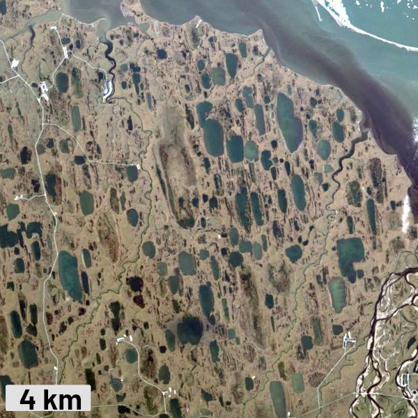 image over the coastal plains of Prudhoe Bay, courtesy Landsat, USGS