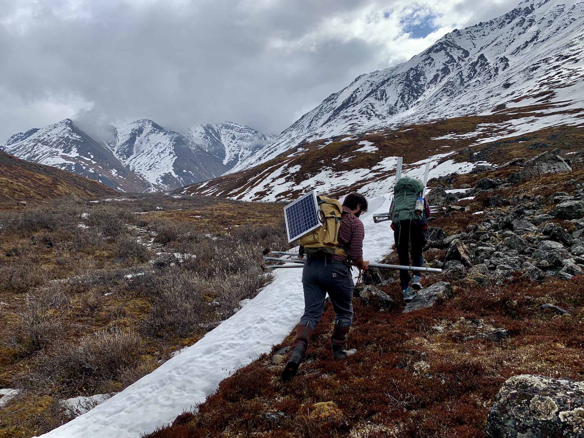 Researchers walking up a mountain slope with equipment