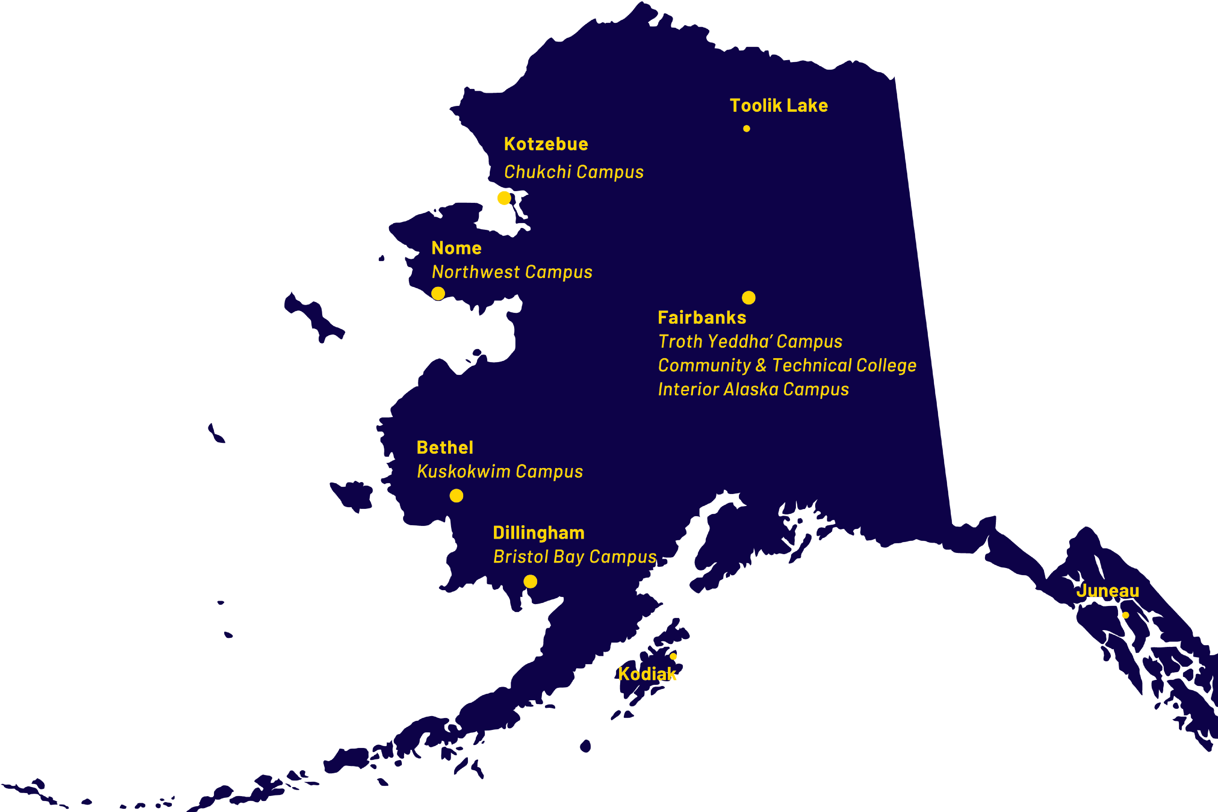 Static graphic map of Alaska showing UAF campus locations