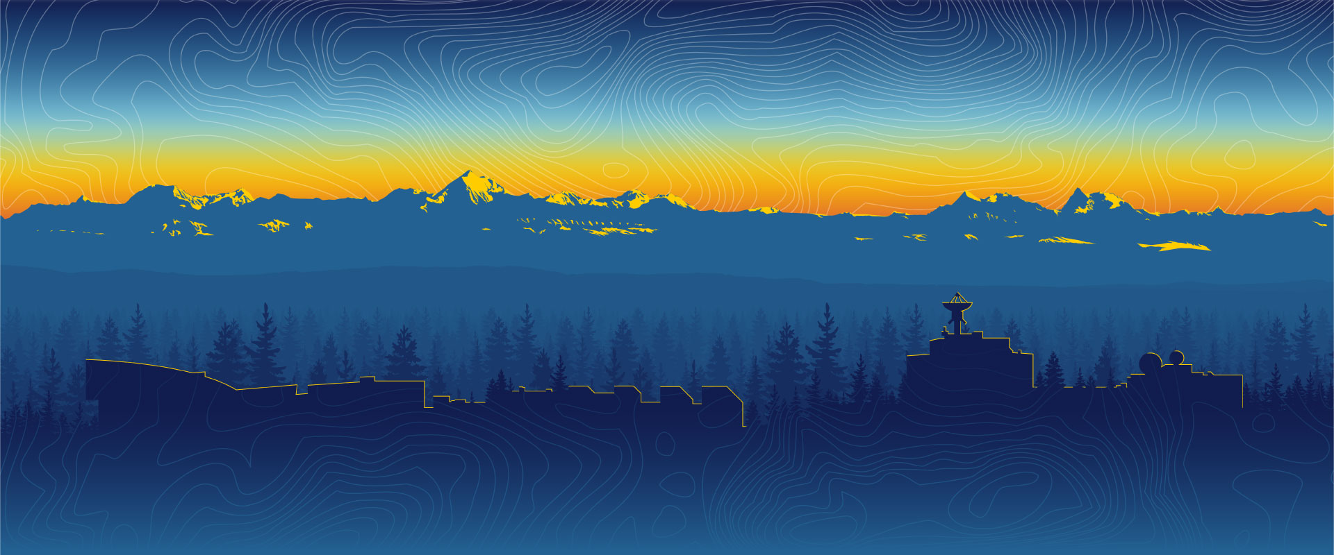Illustration of campus skyline silhouette with mountain range in the background