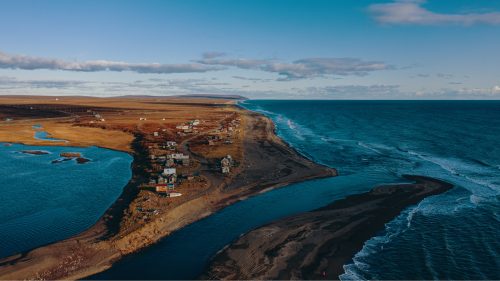 Aerial view of the community of Fort Davis, Alaska, which lies on the Bering Sea coast just east of Nome