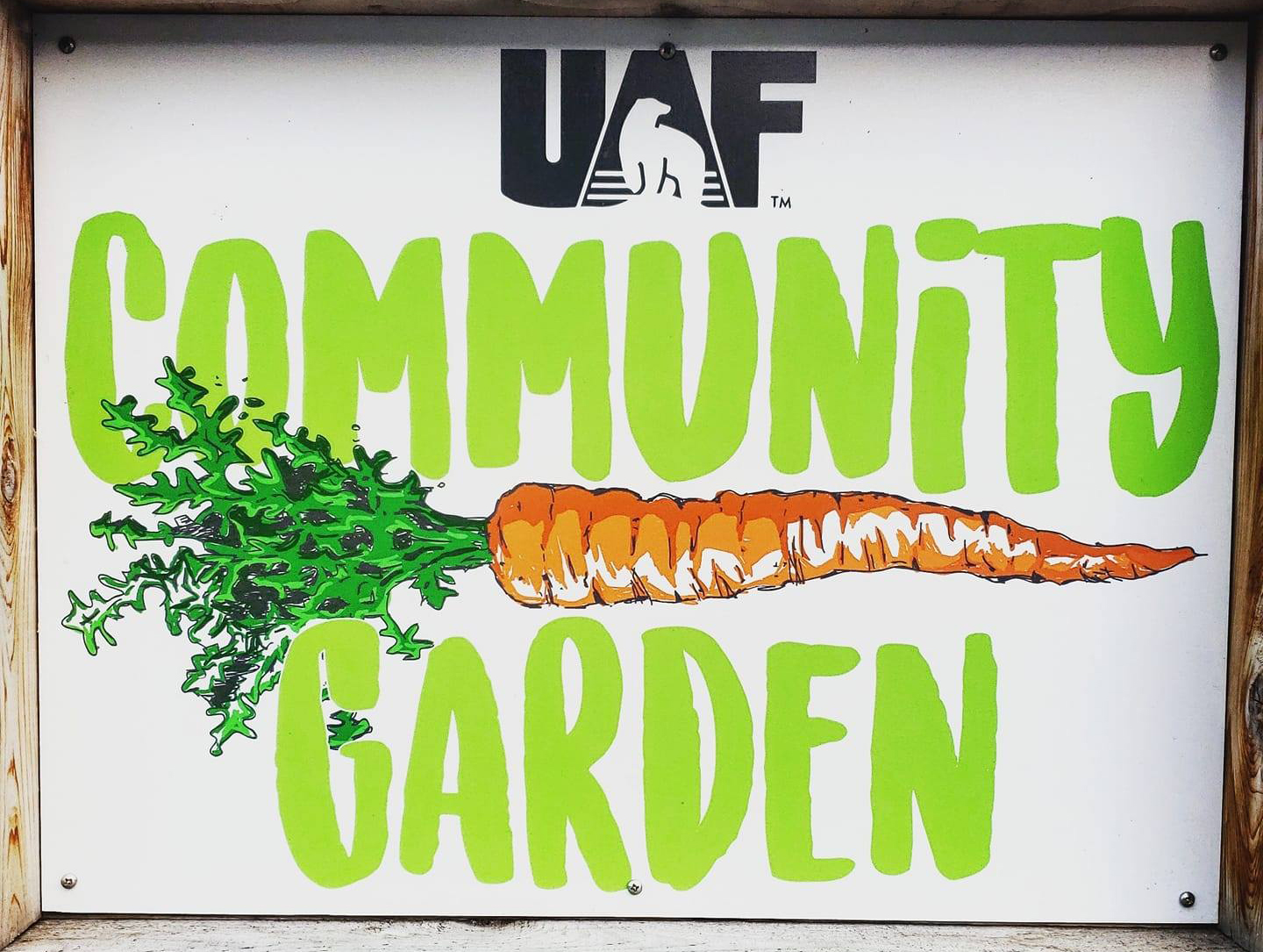 Sign painted with a carrot and the words UAF Community Garden.