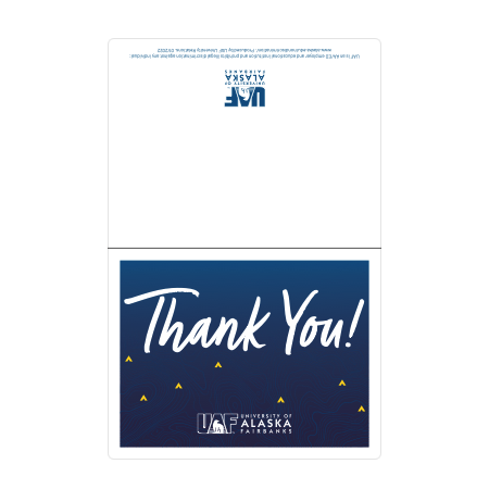 Notecard that reads, thank you!, with dark blue topographic pattern background, gold triangles, white script font