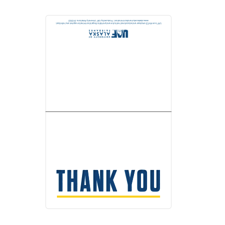 Notecard that reads, thank you, with white background, blue topographic patterned text, gold underline