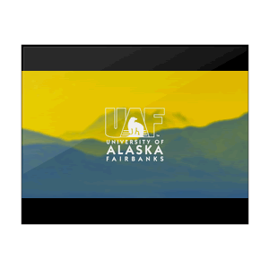 Video outro screenshot. UAF white block logo centered over a blue and gold filtered image of Denali