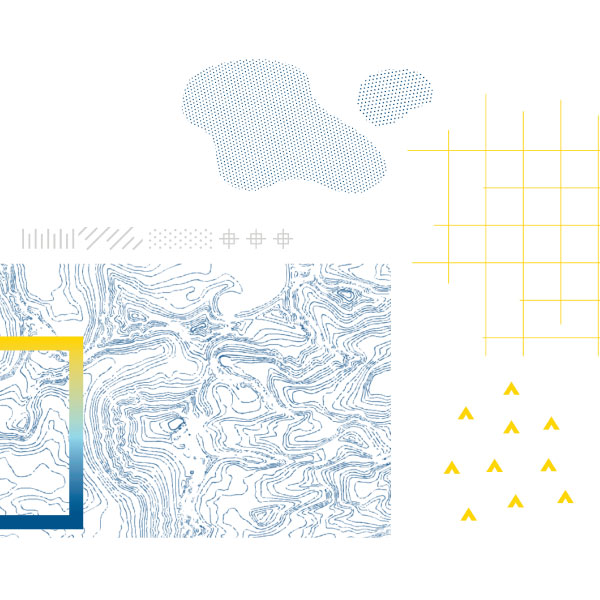 UAF brand asset collage of dot patterns, grid lines, cartography marks, topography pattern and blue-to-gold gradient border