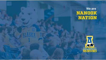 Blue tinted photo of Nanook mascot in Carlson Center stands with hockey supporters, with the text, we are Nanook Nation and the athletics logo on the right side of the photo.