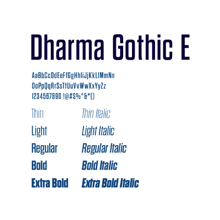 Dharma Gothic E condensed sans-serif font sample