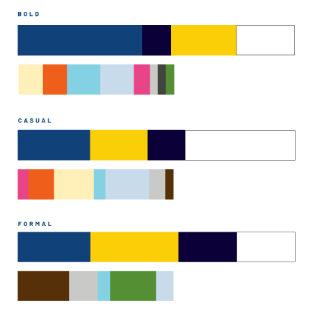 Sample color palettes with different ratios of primary and secondary colors for bold, casual and formal designs.