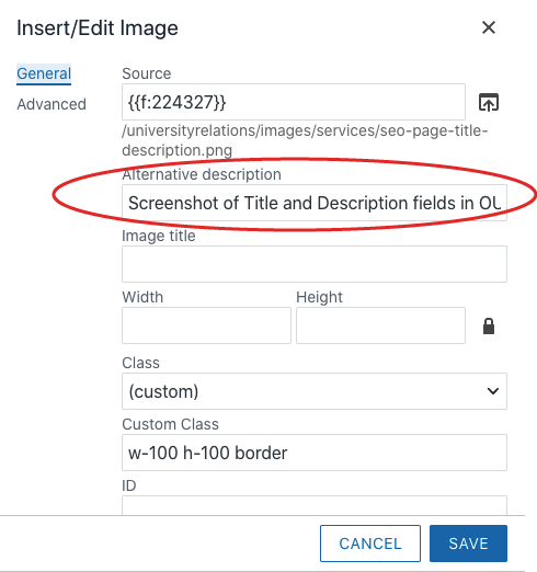 Screenshot of alt-tag field for images in OU Campus