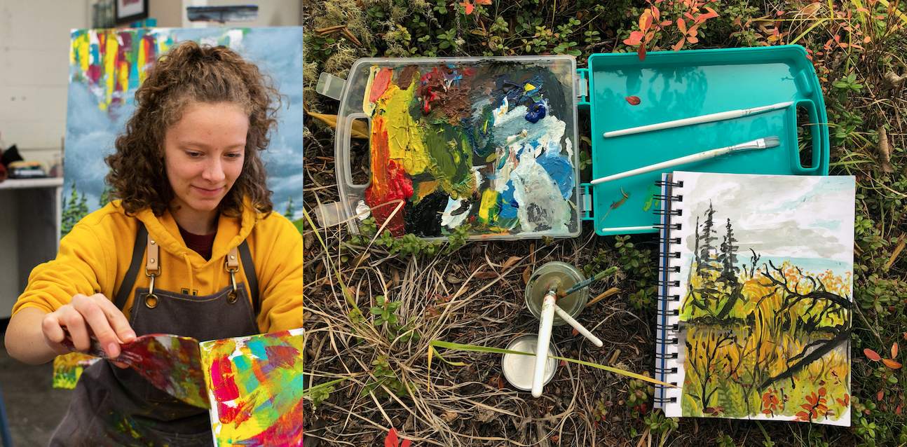 Collage of two images: one of a student painting and a field photo of a sketch and art supplies in the grass,