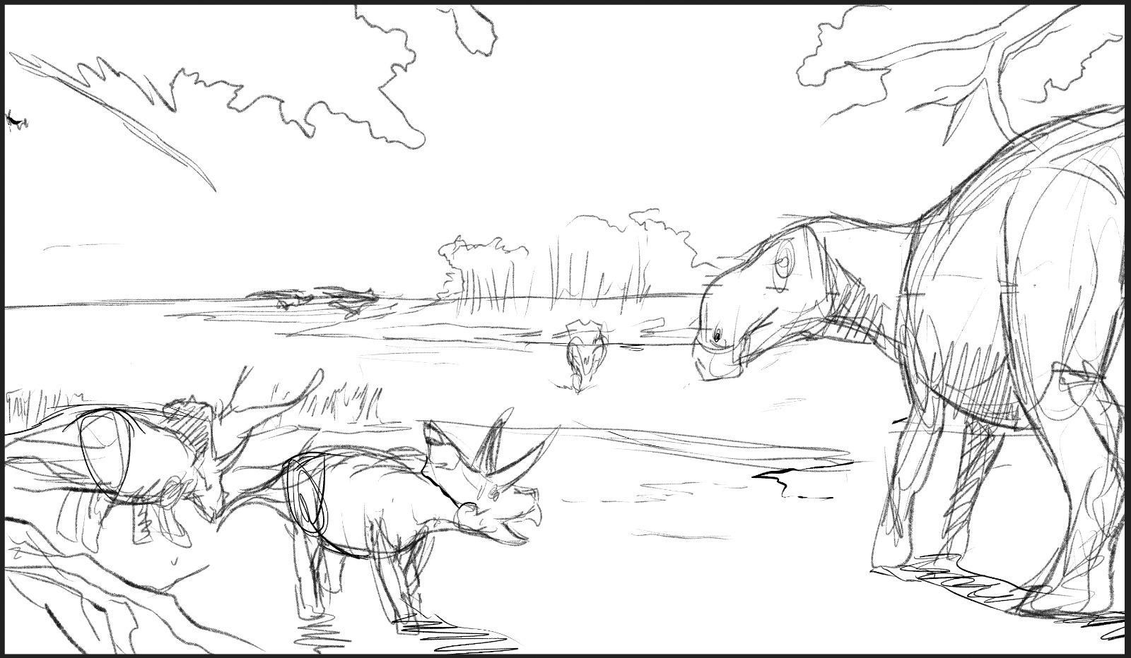 A sketch by illustration Néstor "Camus" Altamirano for Daniela's publication. Note the two juvenile horned dinosaurs to the left. 