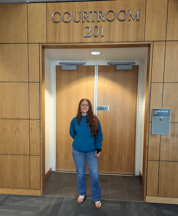 Kristal in front of the court room