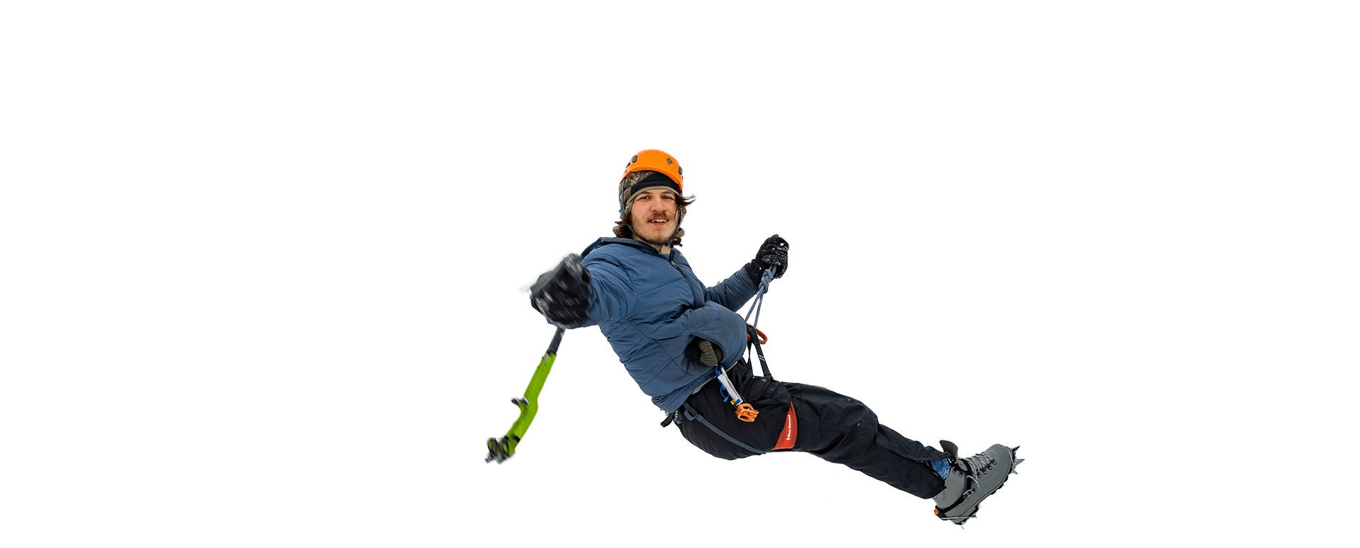 cutout image of student climbing the ice wall and smiling at the camera